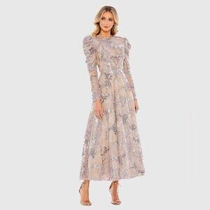 MAC DUGGAL Beige Embellished High Neck Puff Sleeve A-Line Dress 4 NWT $798 20326